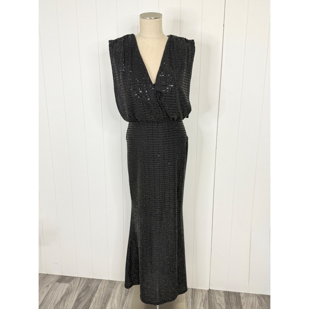 Lapis Black Sequin V-Neck Maxi Gown NWT Women Size 8 Sleeveless Keyhole Back